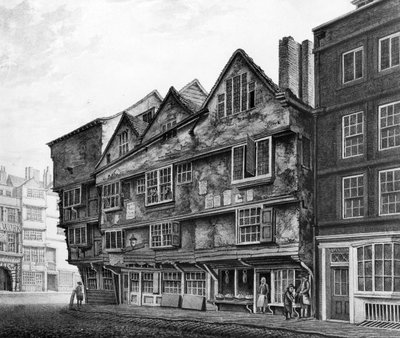 Casas antiguas y escaparates en Chancery Lane, Londres, 1798 de English School